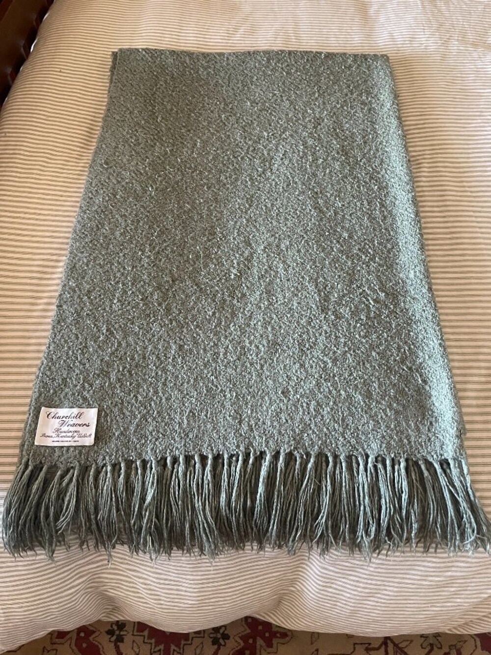 Vintage Kentucky Churchill Weavers Wool Sage Green Fringed Throw